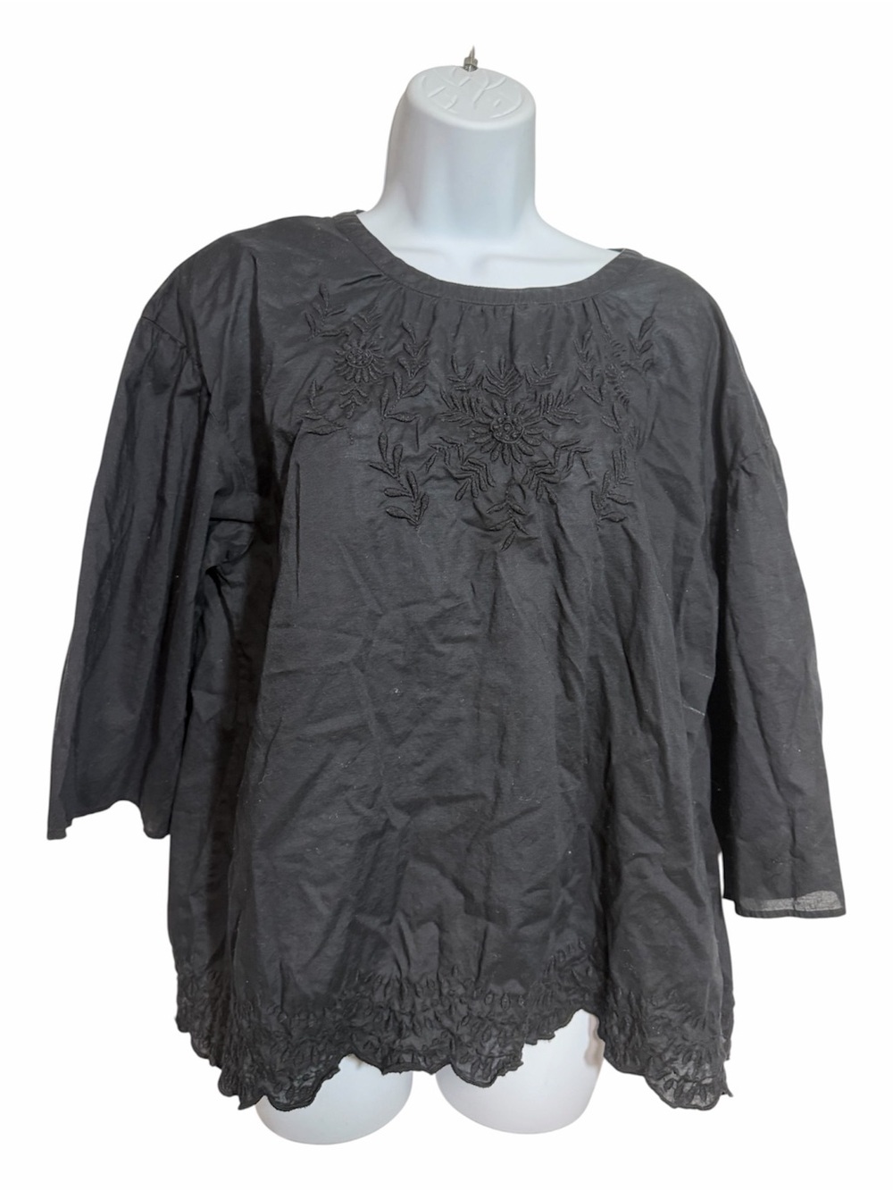 Uniqlo Black Embroidered Peasant Blouse 100% Cotton Lightweight Size Medium Boho